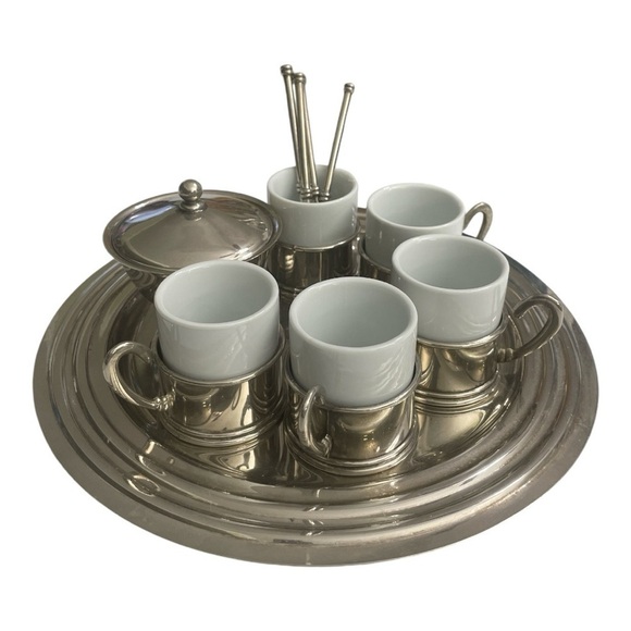 VINTAGE 17 PC. GOLD/SILVER DEMITASSE ESPRESSO SET TRAY, PORCELAIN CUPS & SPOONS - Picture 7 of 15